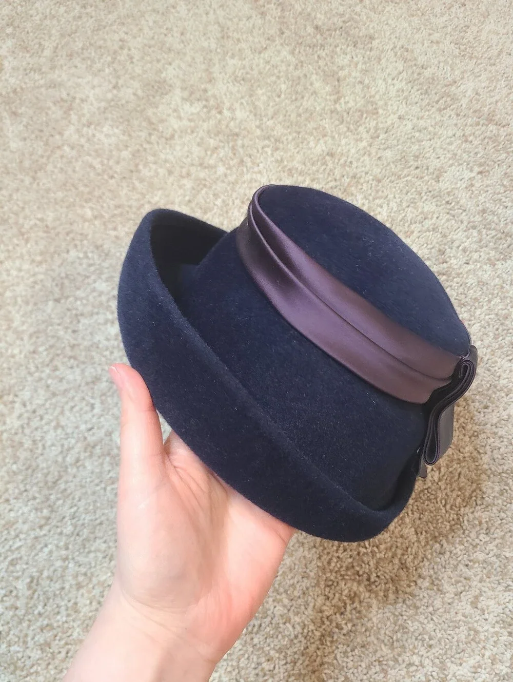 Vintage Fur Felt Velour Hat With Satin Ribbon 1950s 1960s Union Made